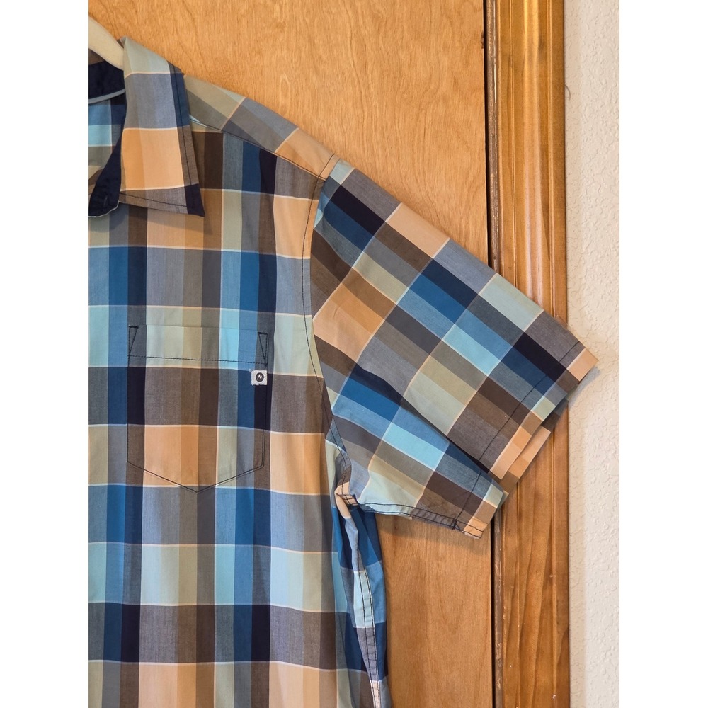 Marmot Mens XL Blue Tan Plaid Short Sleeve Button Down Shirt Outdoor Cotton - Picture 2 of 8